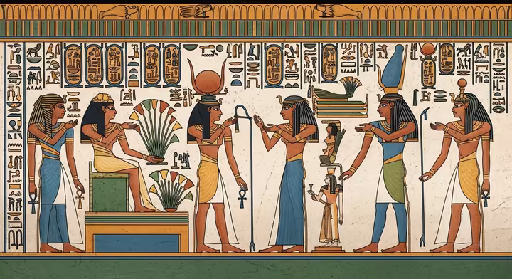Detail from an Ancient Egyptian tomb painting showing figures in profile against a flat, symbolic background with hieroglyphs.