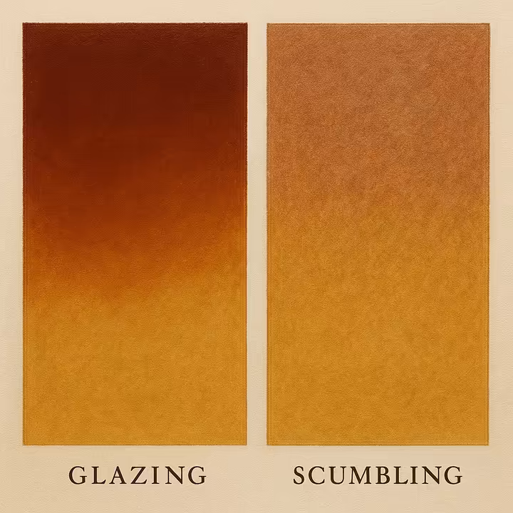 Visual examples of oil painting techniques like glazing for luminosity and scumbling for texture in a background.