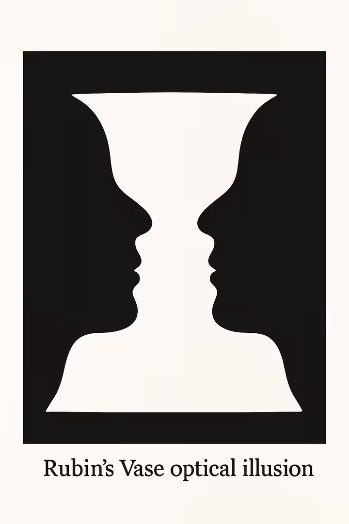 Rubin's Vase optical illusion, demonstrating figure-ground perception where one can see either two faces or a vase.
