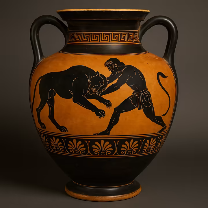 A Greek black-figure amphora depicting a mythological scene with stylized human figures and intricate patterns.