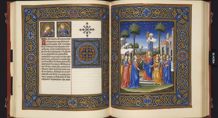 A page from a medieval illuminated manuscript showing intricate borders, calligraphy, and a miniature painting telling a story.