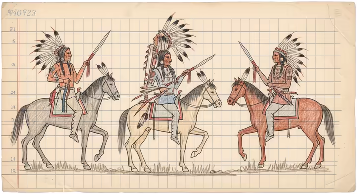An example of Plains Native American ledger art, showing figures on horseback in a narrative style on lined paper.