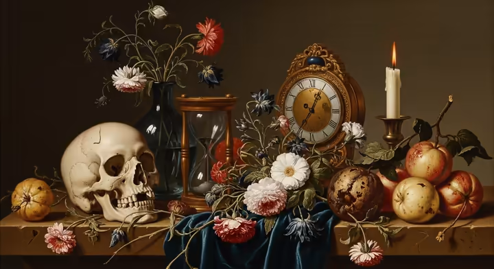A Vanitas still life painting featuring symbolic objects like a skull, hourglass, and wilting flowers, representing the transience of life.